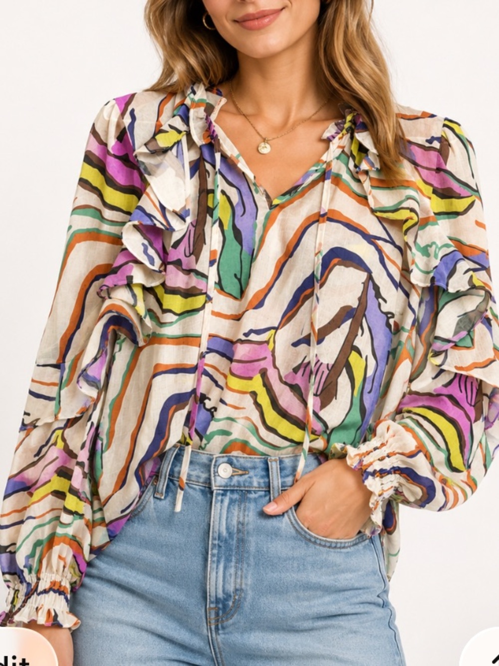 THML Blouse Boutique Boho Ruffle Funky Animal like print Beachy glam chic sheer